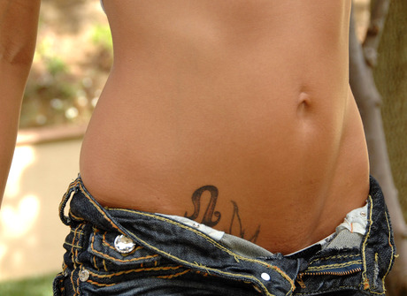 Tan brunette Chanel pulls off her thong and spreads outdoors - 9 of 15