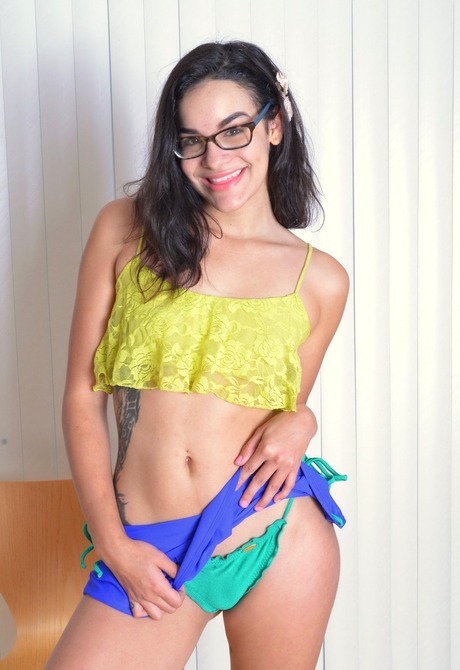 Nerdy babe Eden lifts her skirt to show her hot ass and twat - 3 of 16