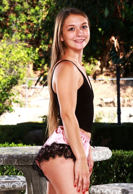 Tiny petite teen Mira Monroe strip teasing outdoors - 2 of 16