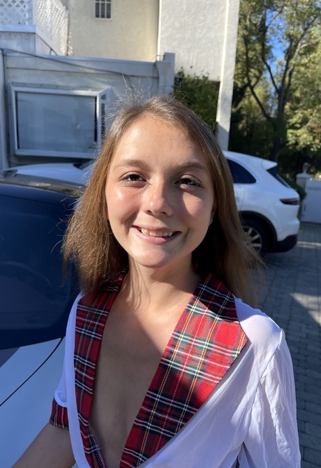 Petite cutie Mira Monroe teasing in mini skirt in sports car - 2 of 16