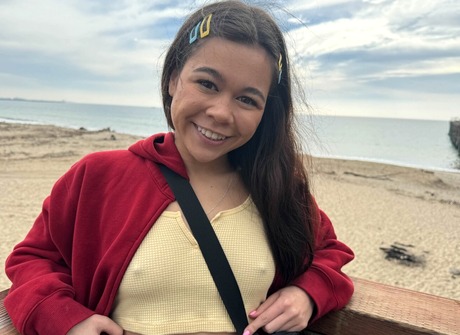 Cute Asian Brianna Arson wears knee socks outdoors in public and flashes pussy at beach - 5 of 16