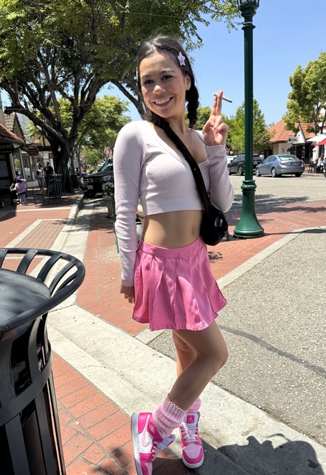 Cute Asian teen Brianna Arson reveals shaved pussy in public - 7 of 16