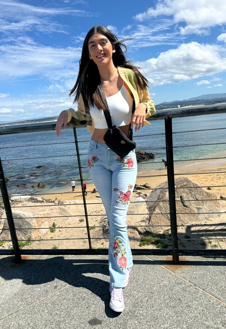 Cute teen brunette Aubry Babcock reveals hairy pussy during sexy feet teasing - 2 of 16