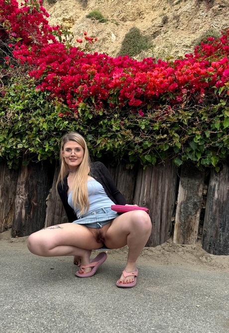 Blonde with glasses Riley Rose shows hairy pussy outdoors before indoor teasing - 12 of 16